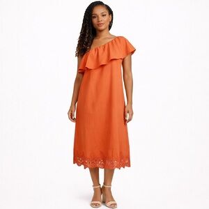 NEW H&M‎ Dress 10 Cherry Red Embroidered Lace Hem One Shoulder Midi Shift